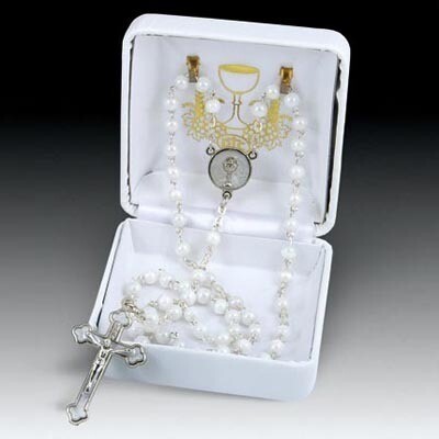 First Communion Rosary- White Cat's Eye Rosary