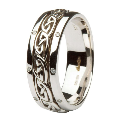 Ladies 14kt White Gold Celtic Wedding Ring Diamond Set Comfort Fit