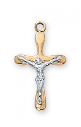Gold Plated Two-Tone Sterling Silver Crucifix on a 16&quot; Gold Plated Chain