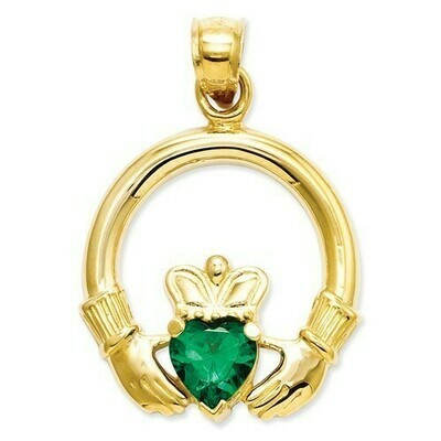14kt Gold Claddagh with Synthetic Green Stone Charm Disc.