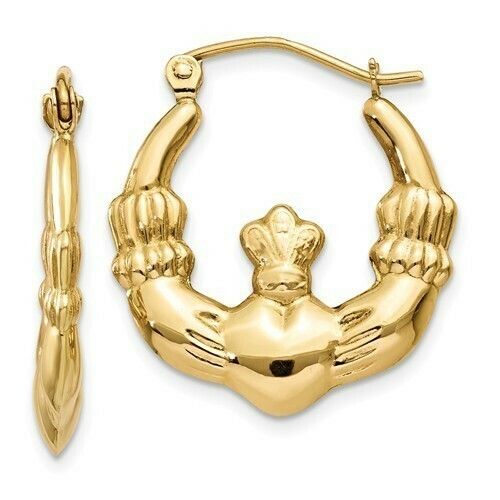 14kt Gold Claddagh Hoop Earrings- Medium Size