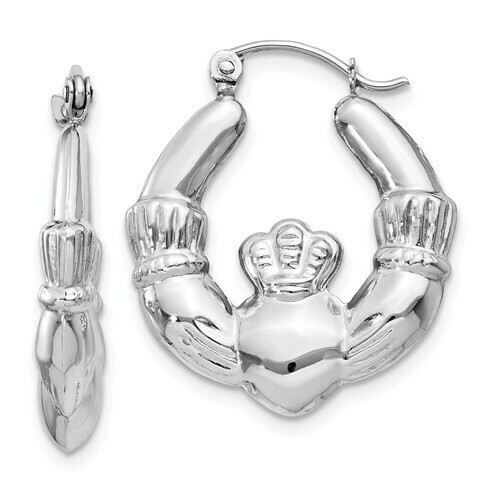 14kt White Gold Claddagh Hoop Earrings- Medium Size