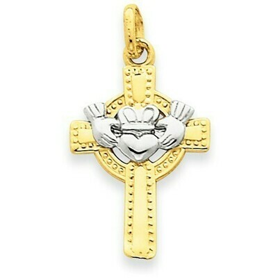 14kt Gold Two-tone Claddagh Cross Pendant