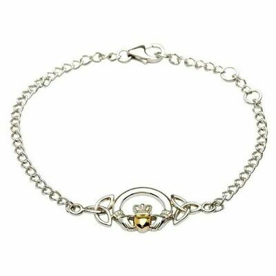 Sterling Silver Claddagh Bracelet with 14K Gold Plate Heart