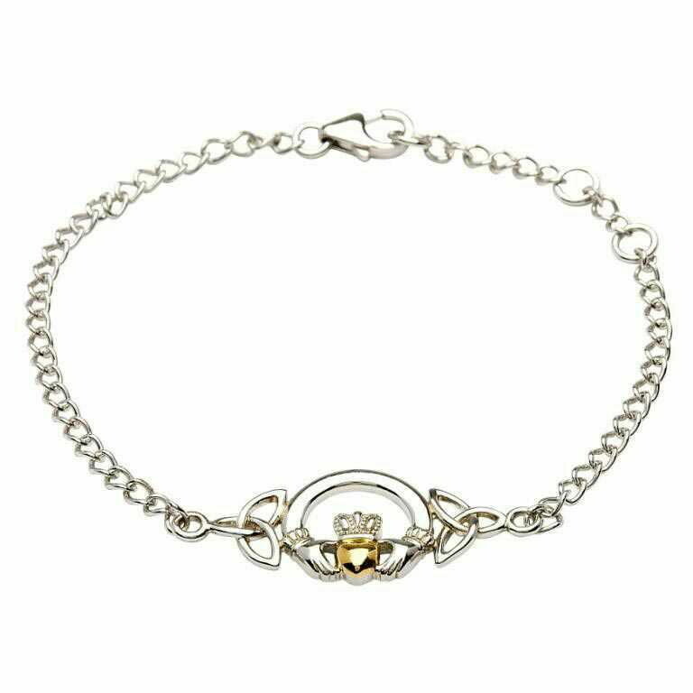 Sterling Silver Claddagh Bracelet with 14kt Gold Plate Heart