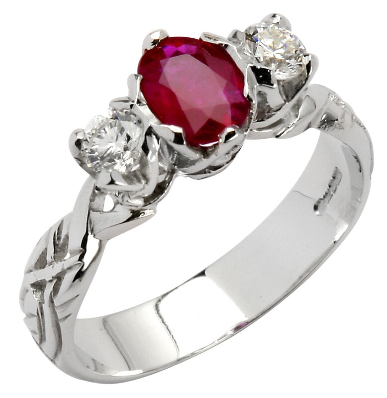 14kt Gold Livia Trilogy (2x.25) Brilliant Cut Diamonds &amp; (1x5x7mm) Ruby
