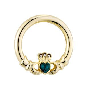 Gold Plated Green Crystal Heart Claddagh Brooch