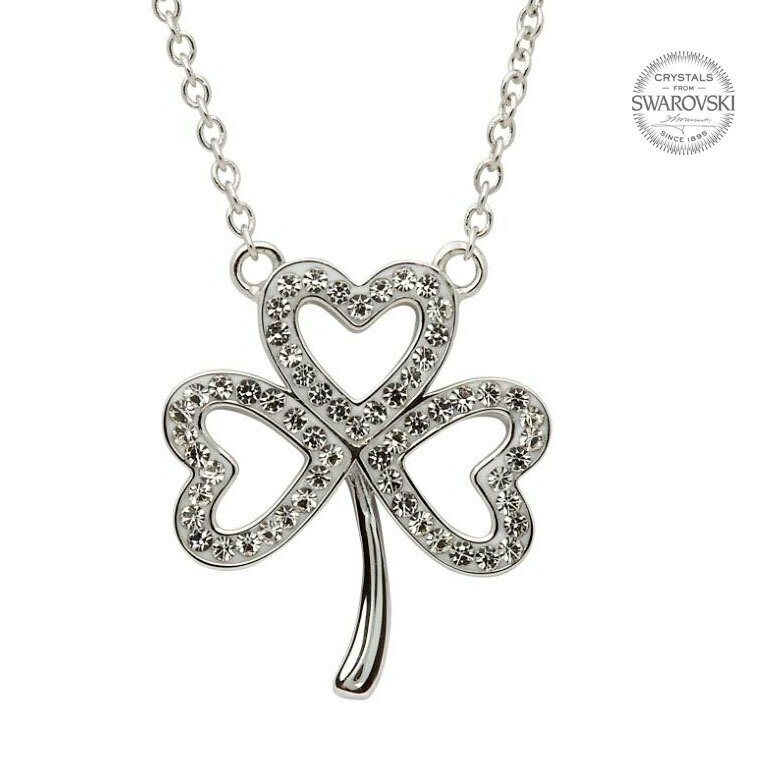 Sterling Silver Open Shamrock Necklace Embellished with Swarovski® Crystals on a 18&quot; Sterling Silver Chain