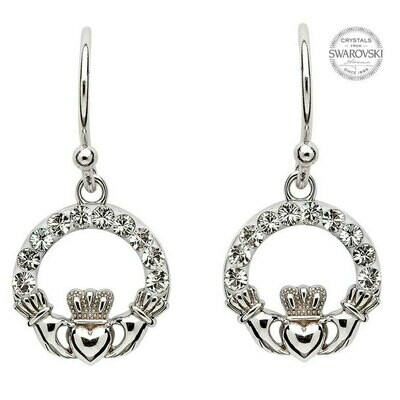 Sterling Silver Claddagh Earrings Adorned with Swarovski Crystals
