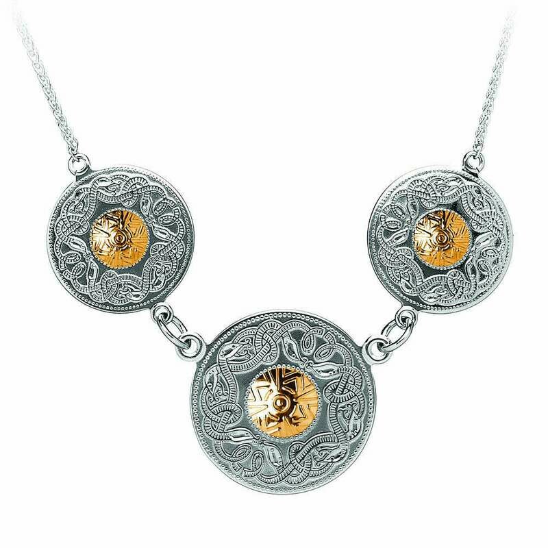 Sterling Silver Celtic Warrior® Shield Triple Necklace with 18K Gold Beads &amp; 18&quot; Sterling Silver Chain