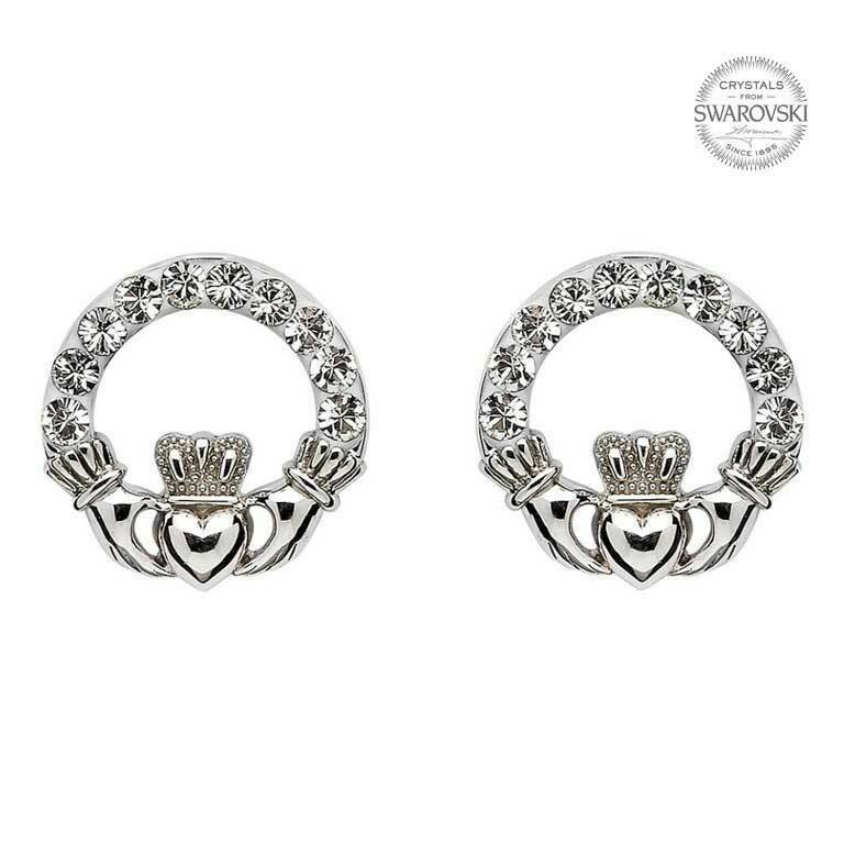 Sterling Silver Claddagh Stud Earrings Adorned with Swarovski® Crystals