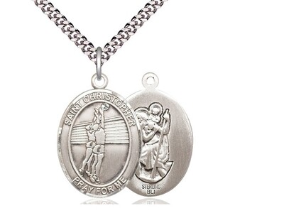 Sterling Silver St. Christopher Volleyball Sports Medal on a 18" Light Rhodium Chain