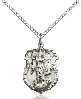 Sterling Silver St. Michael Police Badge Medal (Medium Size) on a 18" Light Rhodium Chain