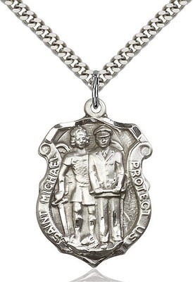 Sterling Silver St. Michael with Policeman Police Badge (Larger Size) on a 24" Light Rhodium Chain