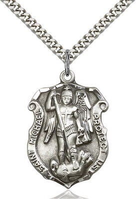 Sterling Silver St. Michael Police Badge Medal (Larger Size) on a 24" Light Rhodium Chain