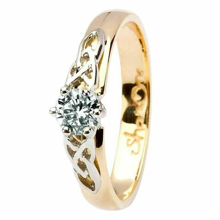 Celtic Trinity Knot Diamond Ring- 14kt Yellow and White Gold, Solitaire Round Cut Diamond