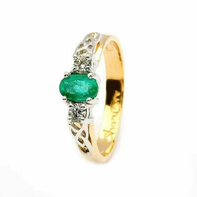 Celtic Trinity Knot Ring- 14kt Yellow and White Gold, Oval Emerald and 2 Brilliant Cut Diamonds