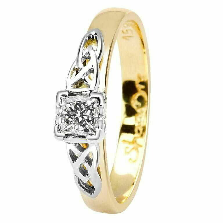 Celtic Trinity Knot Ring- 14kt Yellow and White Gold, Solitaire Princess Cut Diamond