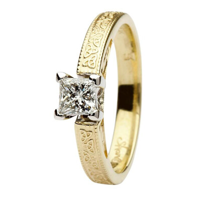 Celtic Diamond Ring- 14kt Yellow and White Gold, Solitaire Princess Cut Diamond