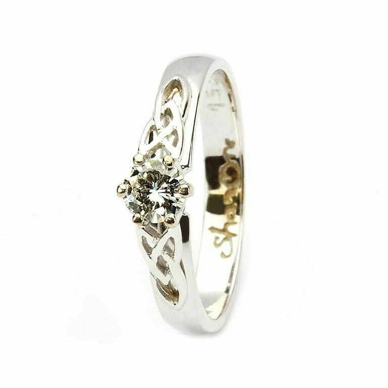 Celtic Trinity Knot Ring- 14kt White Gold, Solitaire Round Cut Diamond