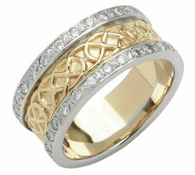 Ladies 14kt Gold Pave Set Yellow Trinity Knot Band with White Profile Sides