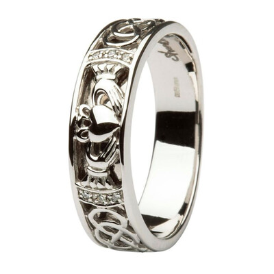 Gents 14kt White Gold Claddagh Wedding Band Diamond Set With Celtic Knotwork