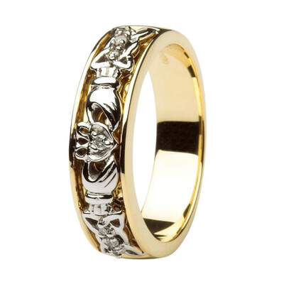 Ladies 14kt Gold Claddagh Wedding Ring Two Tone Diamond Set with Celtic Knotwork