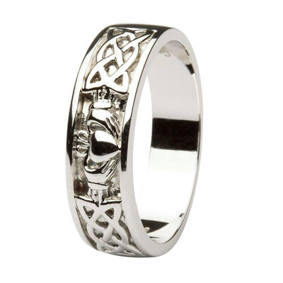 Gents 14kt White Gold Claddagh Wedding Ring with Celtic Knotwork