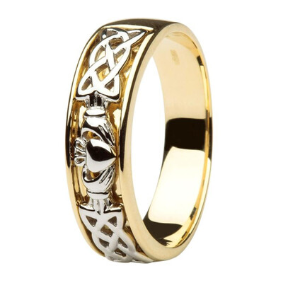Gents 14kt Gold Claddagh Wedding Ring Two Tone with Celtic Knotwork
