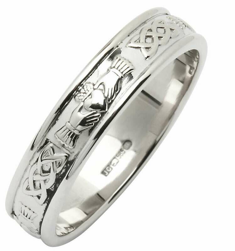 Mens 14kt White Gold Claddagh/Celtic Corrib Narrow Wedding Band