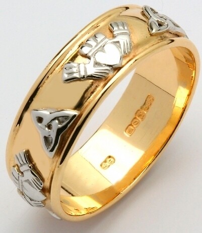 Ladies 14kt Gold Wide Corrib Claddagh with White Trinity &amp; Claddagh