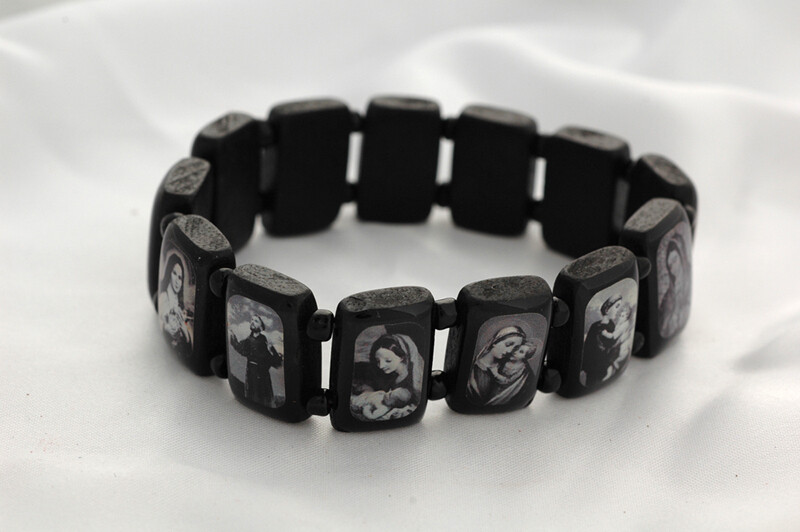 Brazilian Wood Bracelet- Various Saints, XL Fit, Black with Black and White Pictures