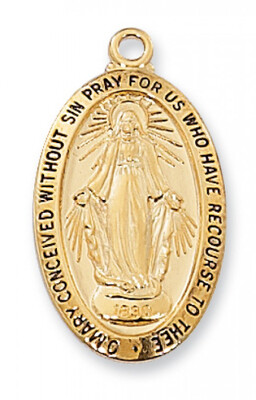 Gold Plated Large Oval Miraculous Medal on an 18" Gold Plated Chain