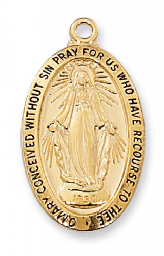 Gold Plated Large Oval Miraculous Medal on an 18&quot; Gold Plated Chain