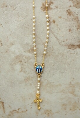 Rosary Necklace, Pearls, Gold Plated with Our Lady of Grace
