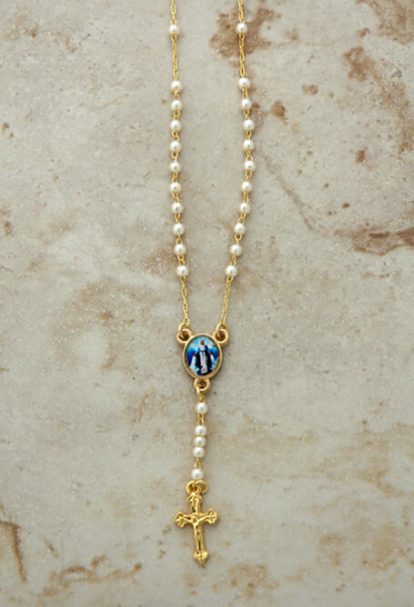 Adult Rosary Necklace, Pearls, Gold Plated with Our Lady of Grace Adult Rosary Necklace, Pearls, Gold Plated with Our Lady of Grace