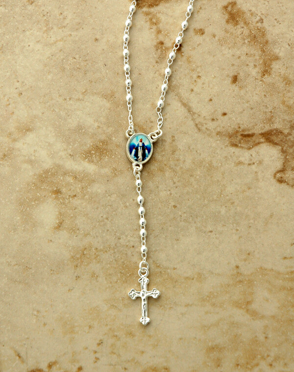 Adult Rosary Necklace, Silver Plated with Our Lady of Grace Adult Rosary Necklace, Silver Plated with Our Lady of Grace