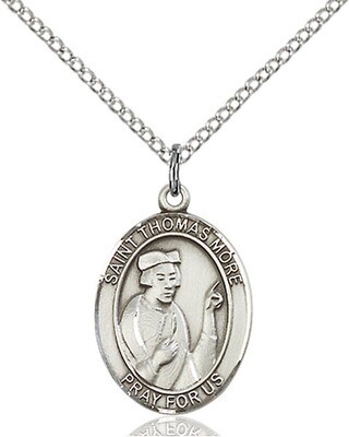 Sterling Silver St. Thomas More Pendant on an 18" Light Rhodium Curb Chain with a Clasp