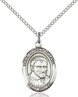 Sterling Silver St. Vincent de Paul Pendant on an 18" Light Rhodium Curb Chain with a Clasp