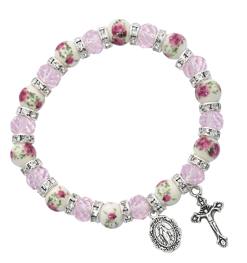 Adult Pink Crystal & Flower Ceramic Beads Stretch Bracelet​​