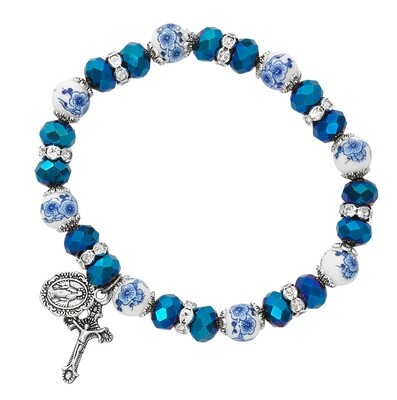 Adult Blue Metallic and Flower Ceramic Beads Stretch Bracelet