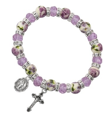 Adult Violet Crystal and Flower Ceramic Beads Stretch Bracelet
