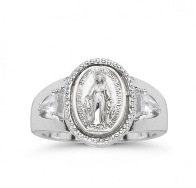 Sterling Silver Miraculous Medal Ring with Two Set Crystal Trillian Cubic Zirconia