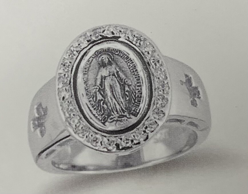 Sterling Silver Miraculous Medal Encircled with 23 Crystal Cubic Zirconia Ring