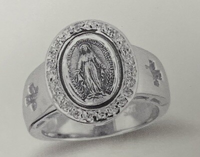 Sterling Silver Miraculous Medal Encircled with 23 Crystal Cubic Zirconia Ring