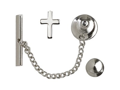 Silver Plate Cross Lapel Pin with Silver Plate Tie Tac Set