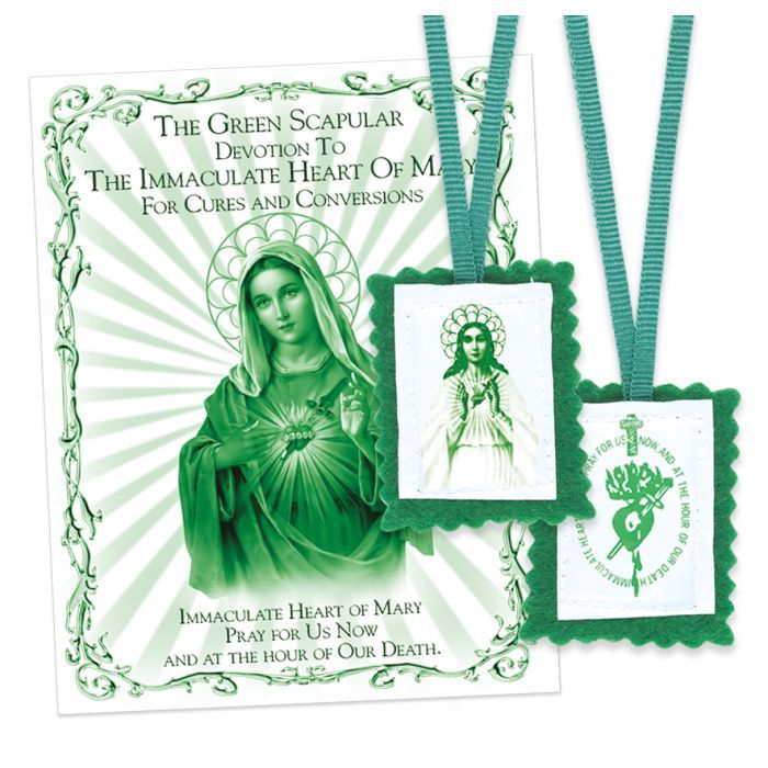 1 1/4&quot; X 2&quot; Immac. Heart of Mary Green Felt Scapular &amp; Pamphlet