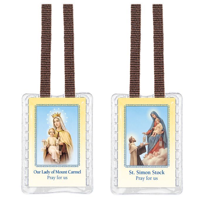 1 1/2&quot; X 1 3/4&quot; O.L of Mt. Carmel and St. Simon Stock Scapular with Brown Cords Sealed in Soft Plastic Case