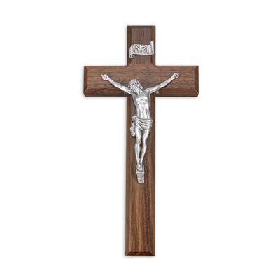 10&quot; Walnut Cross, 4 3/8&quot; Antique Finish Pewter Corpus