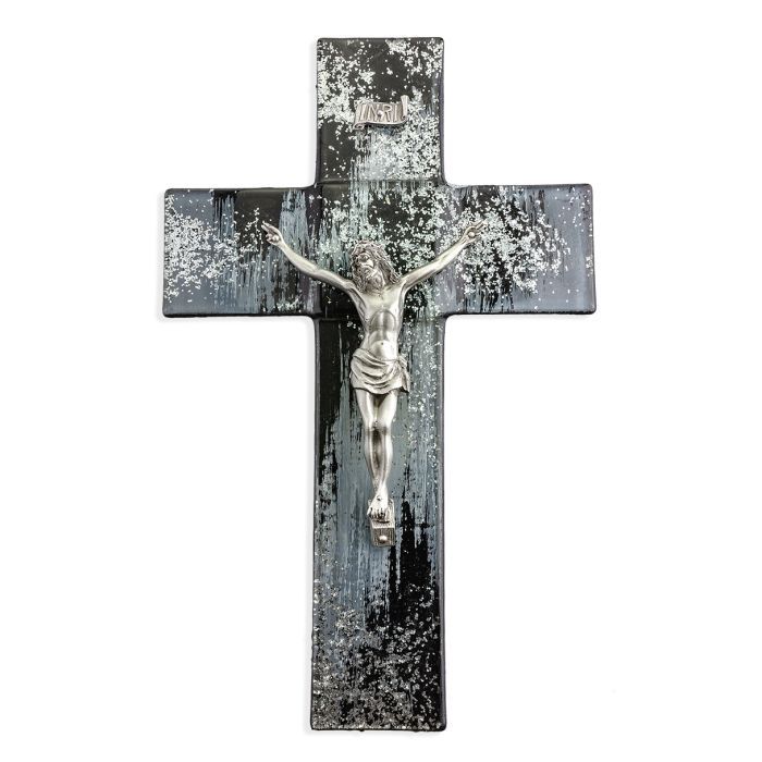 10&quot; Black and Silver Shimmering Glass Cross with Fine Pewter Corpus